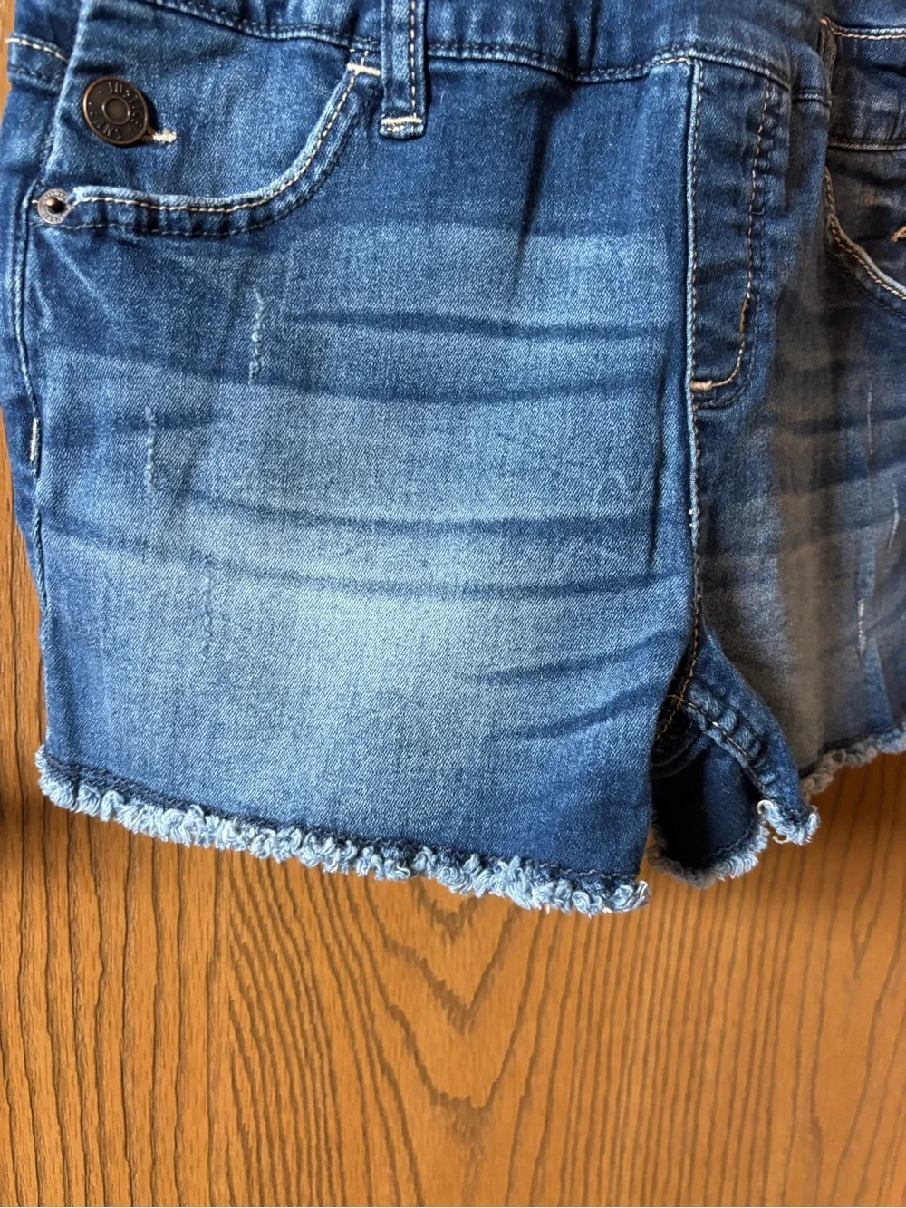 Justice Denim Short Overalls with Rainbow Straps - Blue Jean Shortalls 14